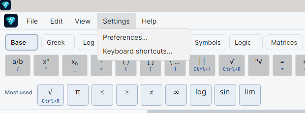 The Settings menu open, with Preferences… and Keyboard shortcuts…, above the Base tab bar and the Most used row.