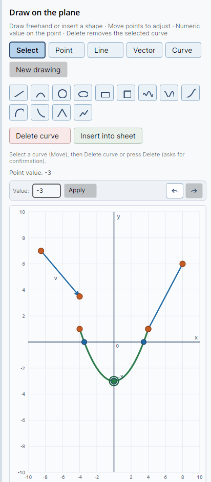 Draw panel with the Value box and a labeled point on the plane.
