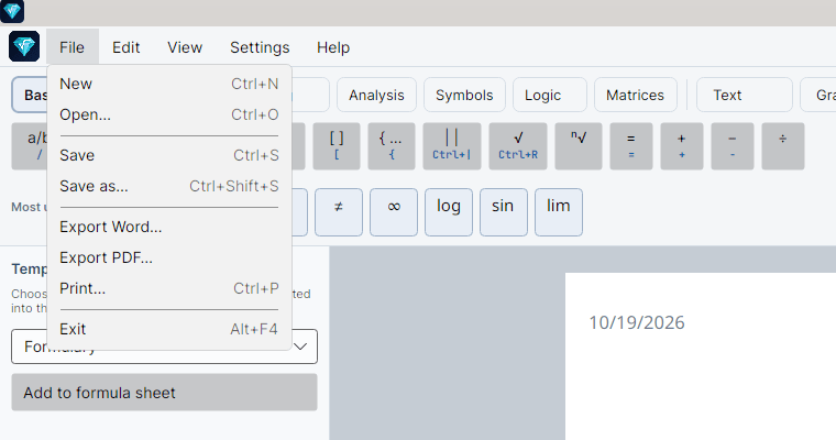 The File menu open, with New (Ctrl+N), Open… (Ctrl+O), Recent documents, Save (Ctrl+S), Save as… (Ctrl+Shift+S), Export Word…, Export PDF…, Print… (Ctrl+P), and Exit (Alt+F4).