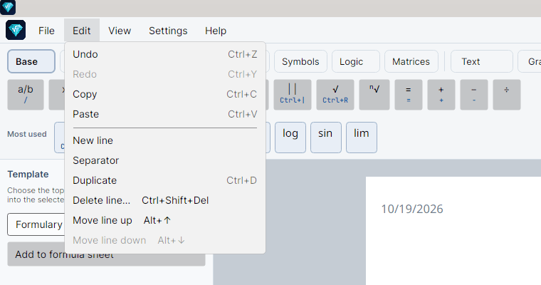 The Edit menu open, with Undo (Ctrl+Z), Redo (Ctrl+Y, disabled), Copy (Ctrl+C), Paste (Ctrl+V), New line, Separator, Duplicate (Ctrl+D), Delete line… (Ctrl+Shift+Delete), Move line up (Alt+↑), and Move line down (Alt+↓, disabled).