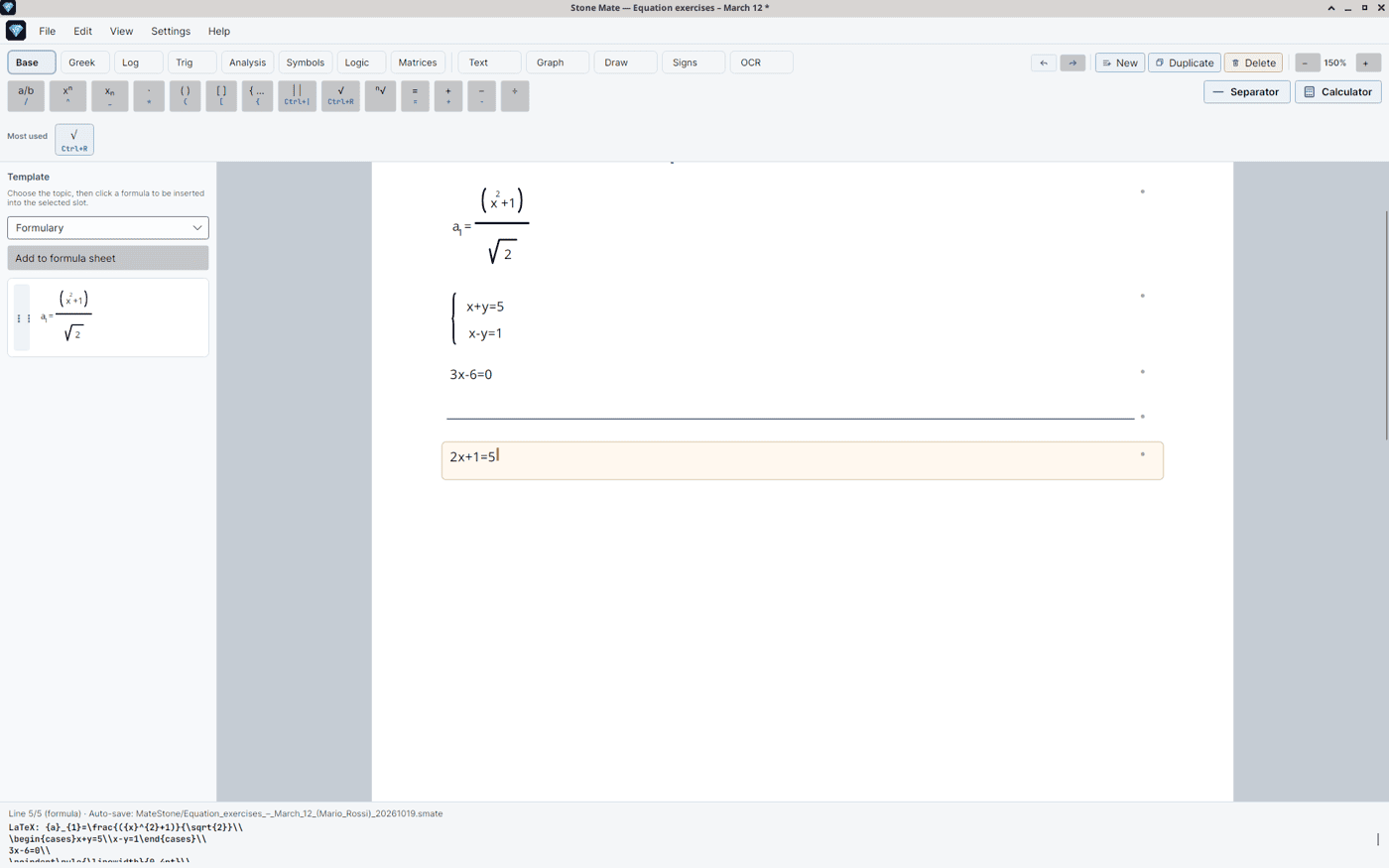 A page with three formulas, a horizontal separator line, and below it the formula 2x+1=5 being edited.