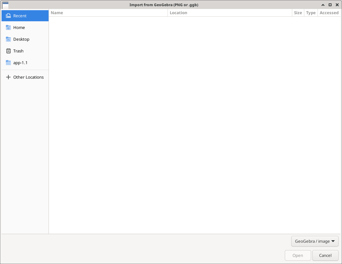 The file chooser "Import from GeoGebra (PNG or .ggb)", with Recent, Home, Desktop, Trash, app-1.1, and Other Locations on the left, an empty file list, the "GeoGebra / image" filter, and the Open (disabled) and Cancel buttons.