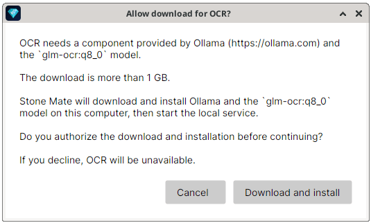 The "Allow download for OCR?" window: OCR needs Ollama and the glm-ocr:q8_0 model, the download is more than 1 GB, and the buttons are Cancel and Download and install. If you decline, OCR will be unavailable.