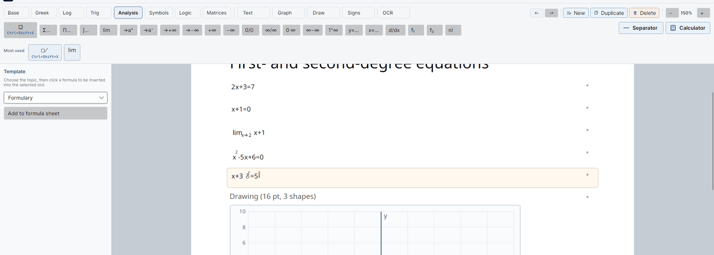 The Analysis tab active, with the strike-through button □̸ (Ctrl+Shift+X) at the start of the button row and on the Most used row; on the page the formulas 2x+3=7, x+1=0, the limit as x→2 of x+1, x²−5x+6=0, and, in the row being edited, x+3 followed by a struck-through 3 and then =5.