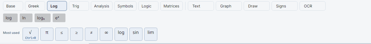The Log tab active, with log, ln, logarithm in base a, and eˣ.