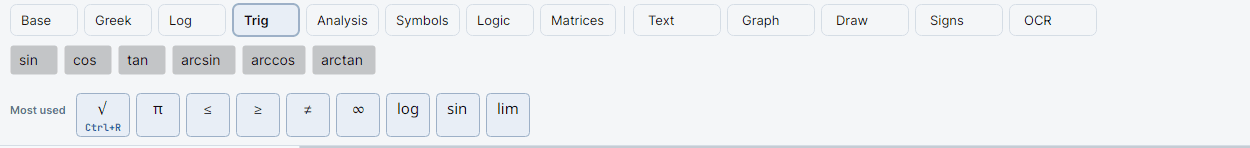 The Trig tab active, with sin, cos, tan, arcsin, arccos, and arctan.