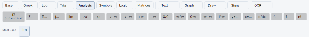 The Analysis tab active, with the strike-through button □̸ (Ctrl+Shift+X), Σ…, Π…, ∫…, lim, →a⁺, →a⁻, →+∞, →−∞, +∞, −∞, 0/0, ∞/∞, 0·∞, ∞−∞, 1^∞, y=…, x=…, d/dx, f₁, f₂, n!; on the Most used row only the lim button.