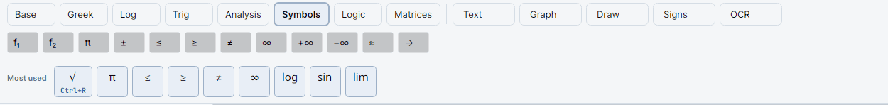 The Symbols tab active, with f₁, f₂, π, ±, ≤, ≥, ≠, ∞, +∞, −∞, ≈, and an arrow.