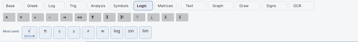 The Logic tab active, with ∧, ∨, ⊕, ¬, ⇒, ⇔, ∀, ∃, ∃!, ⊤, ⊥, ⊼, ⊽.