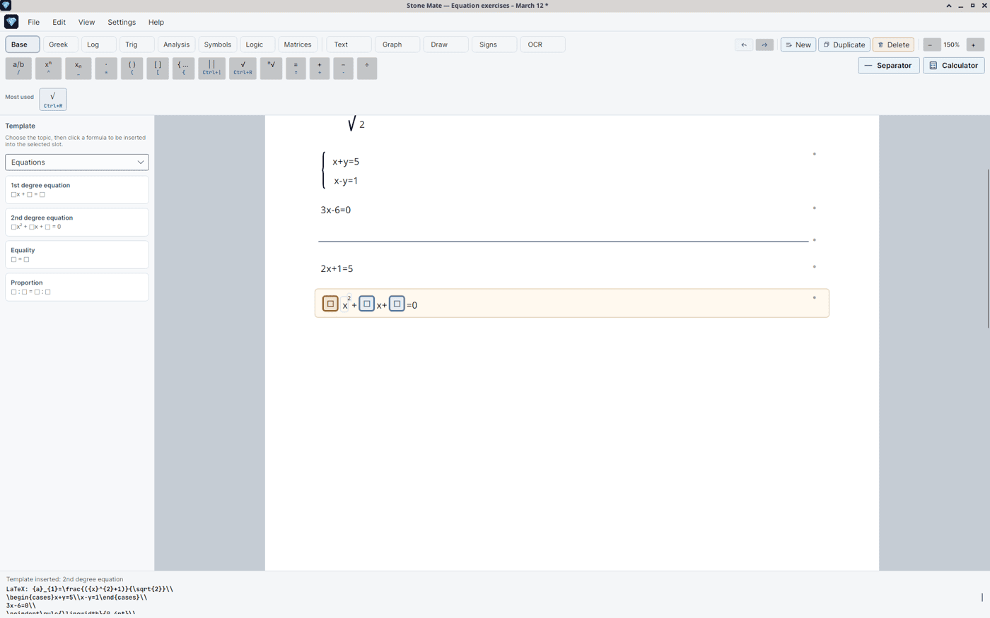 The Templates panel with the Equations topic (1st degree equation, 2nd degree equation, Equality, Proportion) and, on the page, the 2nd degree equation inserted with three empty slots.