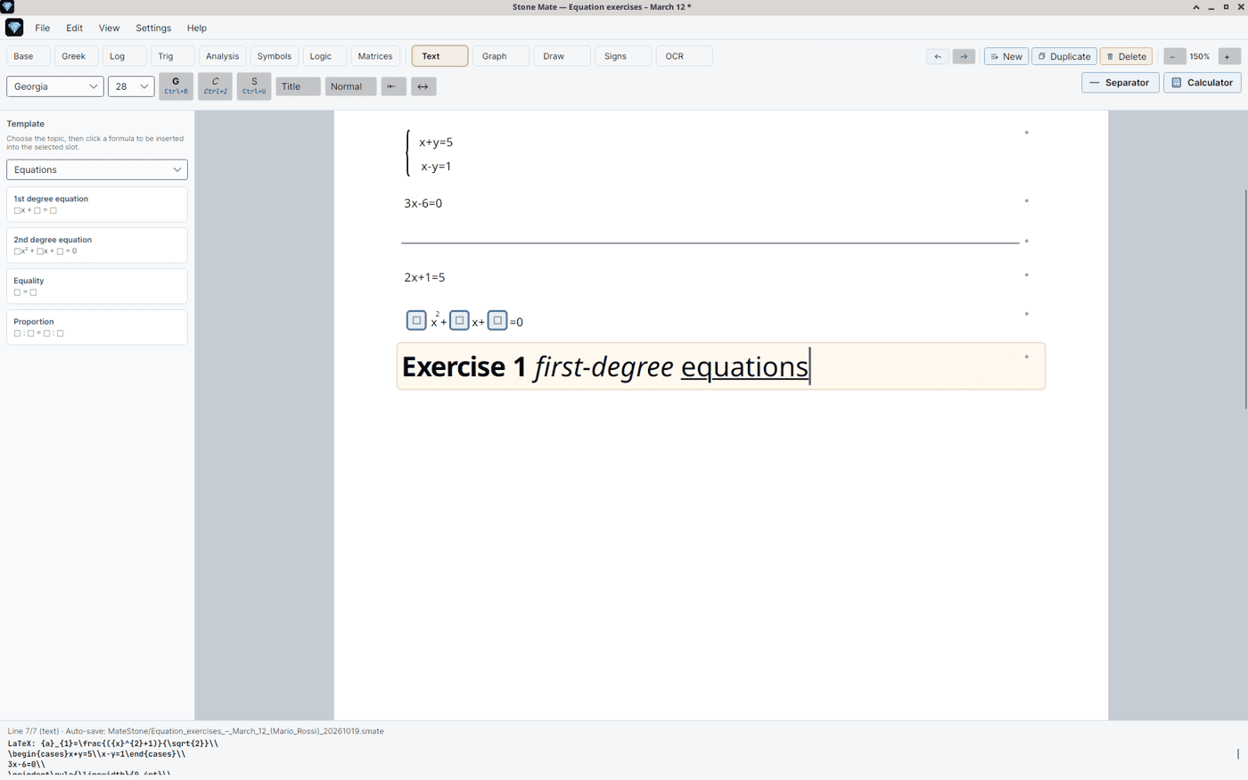 The Text bar with the Georgia font menu, a size menu, the bold, italic, and underline buttons, Title, Normal, and two alignment buttons; on the page the line "Exercise 1 first-degree equations" in bold, italic, and underline.