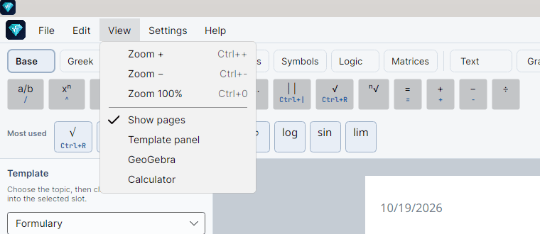 The View menu open, with Zoom + (Ctrl++), Zoom − (Ctrl+−), Zoom 100% (Ctrl+0), Show pages with a check mark, Template panel, GeoGebra, and Calculator.