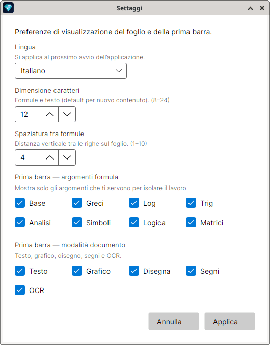 Finestra Settaggi con il menu Lingua su Italiano ("Si applica al prossimo avvio dell’applicazione"), Dimensione caratteri 12, Spaziatura tra formule 4 e le caselle spuntate della prima barra, per gli argomenti (Base, Greci, Log, Trig, Analisi, Simboli, Logica, Matrici) e per le modalità (Testo, Grafico, Disegna, Segni, OCR); in basso Annulla e Applica.