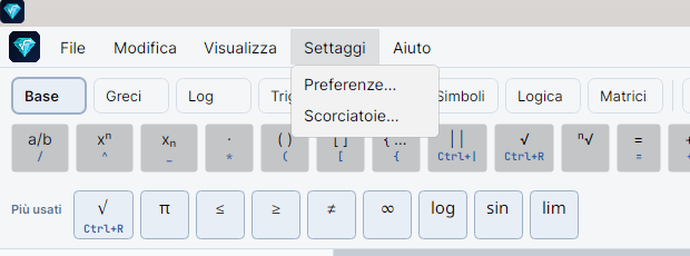 Menu Settaggi aperto con le voci Preferenze… e Scorciatoie…, sopra la barra della scheda Base e la riga Più usati.