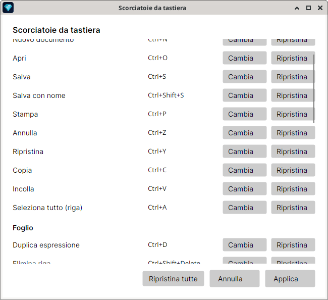 Finestra "Scorciatoie da tastiera" con l’elenco Nuovo documento (Ctrl+N), Apri (Ctrl+O), Salva (Ctrl+S), Salva con nome (Ctrl+Shift+S), Stampa (Ctrl+P), Annulla (Ctrl+Z), Ripristina (Ctrl+Y), Copia (Ctrl+C), Incolla (Ctrl+V), Seleziona tutto (riga) (Ctrl+A), poi la sezione Foglio con Duplica espressione (Ctrl+D) ed Elimina riga (Ctrl+Shift+Delete), ognuno con i pulsanti Cambia e Ripristina; in basso Ripristina tutte, Annulla e Applica.