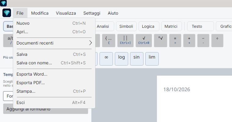 Menu File aperto con le voci Nuovo (Ctrl+N), Apri… (Ctrl+O), Documenti recenti, Salva (Ctrl+S), Salva con nome… (Ctrl+Shift+S), Esporta Word…, Esporta PDF…, Stampa… (Ctrl+P) ed Esci (Alt+F4).