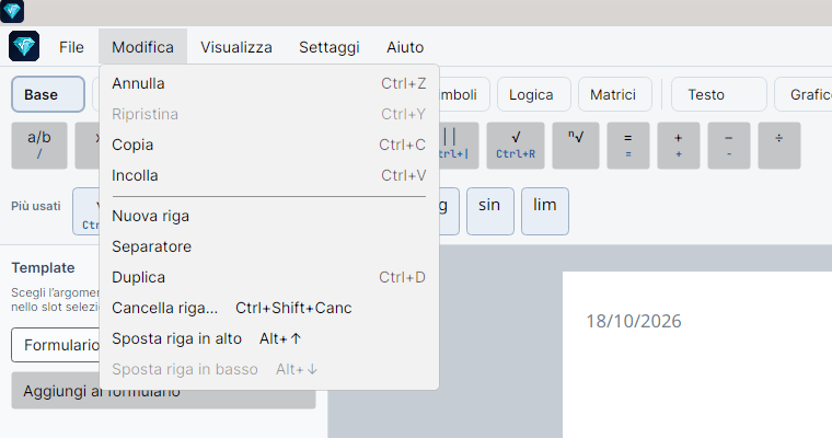 Menu Modifica aperto con Annulla (Ctrl+Z), Ripristina (Ctrl+Y, disattivato), Copia (Ctrl+C), Incolla (Ctrl+V), Nuova riga, Separatore, Duplica (Ctrl+D), Cancella riga… (Ctrl+Shift+Canc), Sposta riga in alto (Alt+↑) e Sposta riga in basso (Alt+↓, disattivato).