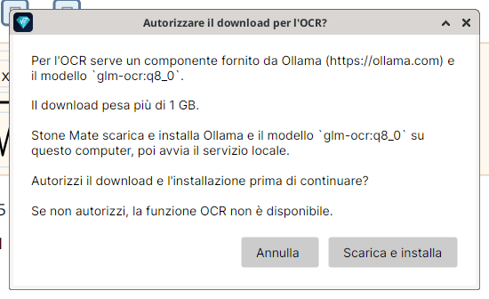 Finestra "Autorizzare il download per l’OCR?" che spiega il download di Ollama e del modello glm-ocr, con i pulsanti Annulla e Scarica e installa.
