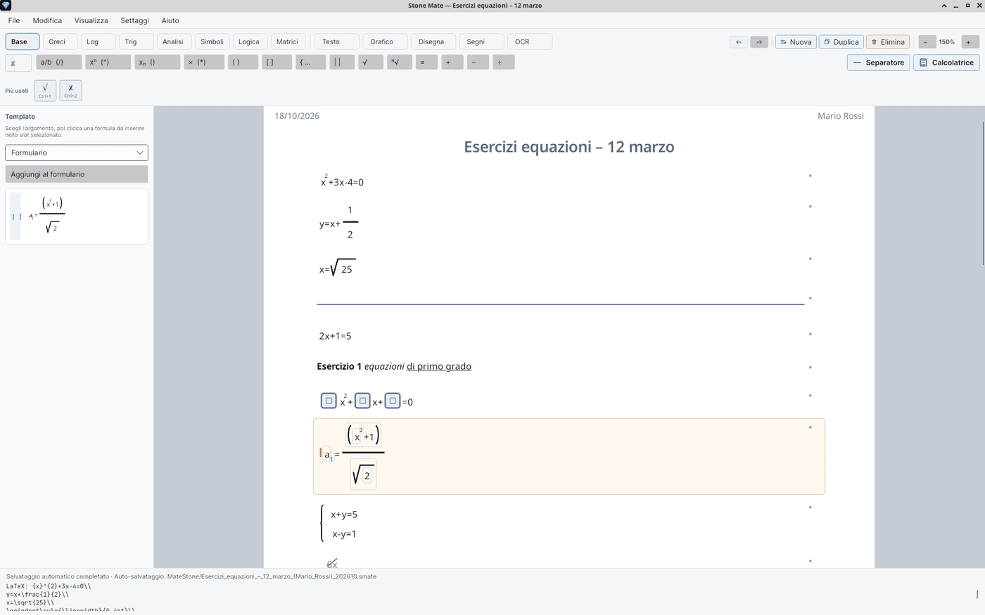 Riga formula evidenziata in arancio con a₁ uguale a una frazione con (x²+1) al numeratore e radice di 2 al denominatore; la casella del pedice è attiva.