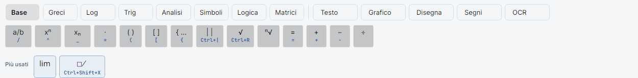 Barra delle schede con Base attiva; pulsanti a/b (/), xⁿ (^), xₙ (_), · (*), ( ), [ ], { …, | | (Ctrl+|), √ (Ctrl+R), ⁿ√, =, +, −, ÷; nella riga Più usati i pulsanti lim e sbarra □̸ (Ctrl+Shift+X).
