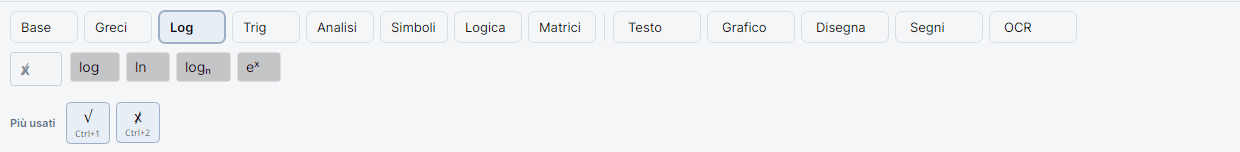 Scheda Log attiva con i pulsanti log, ln, log in base a ed eˣ.