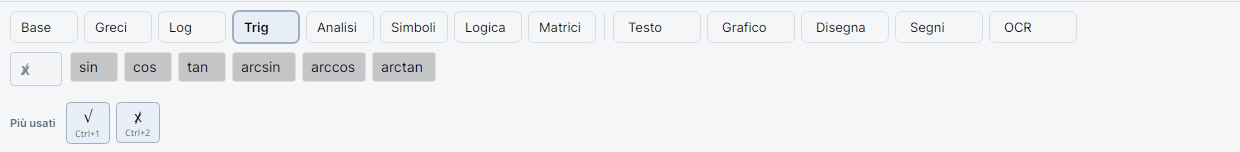 Scheda Trig attiva con i pulsanti sin, cos, tan, arcsin, arccos, arctan.