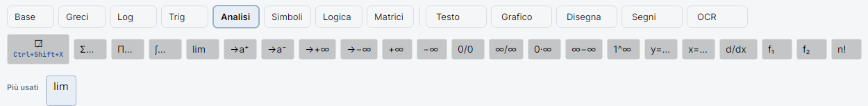 Scheda Analisi attiva con i pulsanti sbarra □̸ (Ctrl+Shift+X), Σ…, Π…, ∫…, lim, →a⁺, →a⁻, →+∞, →−∞, +∞, −∞, 0/0, ∞/∞, 0·∞, ∞−∞, 1^∞, y=…, x=…, d/dx, f₁, f₂, n!; nella riga Più usati il solo pulsante lim.