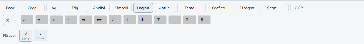 Scheda Logica attiva con ∧, ∨, ⊕, ¬, ⇒, ⇔, ∀, ∃, ∃!, ⊤, ⊥, ⊼, ⊽.