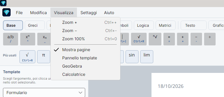 Menu Visualizza aperto con Zoom + (Ctrl++), Zoom − (Ctrl+−), Zoom 100% (Ctrl+0), Mostra pagine con il segno di spunta, Pannello template, GeoGebra e Calcolatrice.